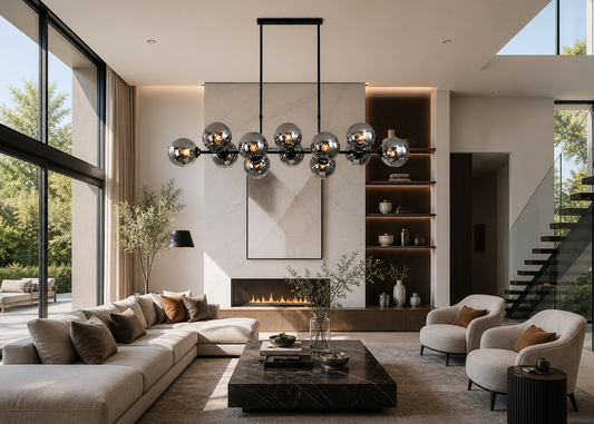 Suspension Vintage 12 Globes Verre Fumé — Salon Luxe & Rétro Chic